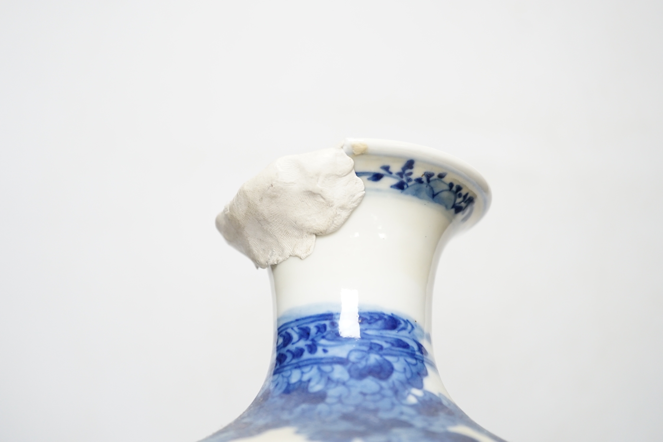 A group of Chinese blue and white dishes and plates and a damaged vase, 30cm